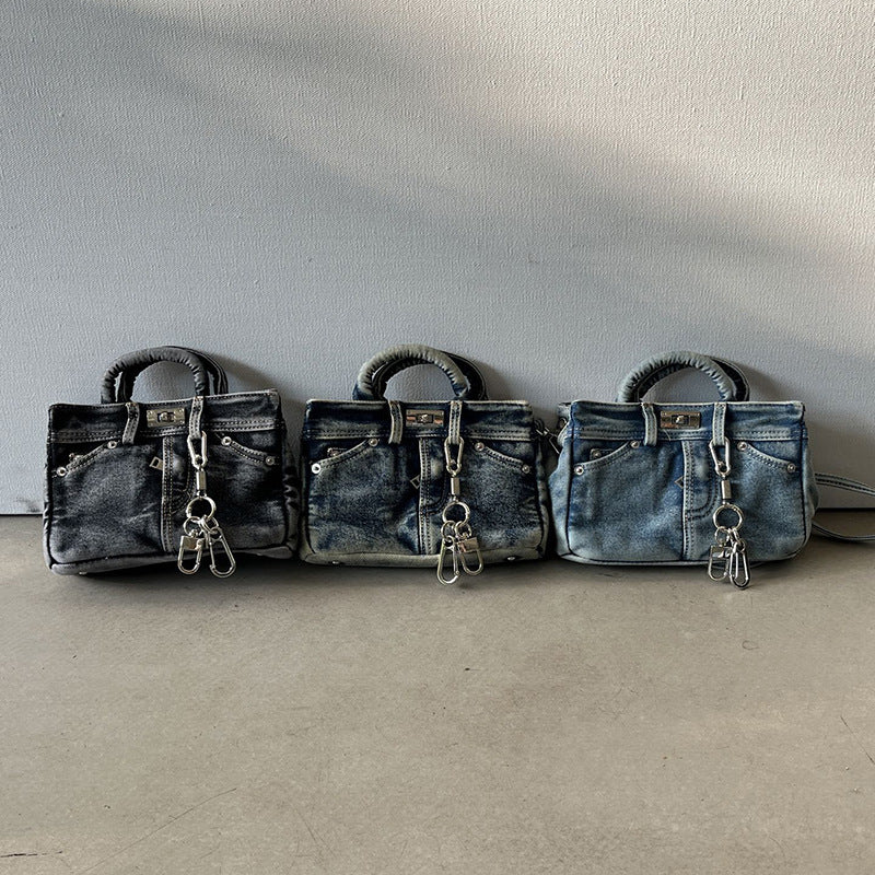 Vintage denim platinum shoulder crossbody bag for women by Plush Fashion Hub, featuring versatile and stylish handbag design.