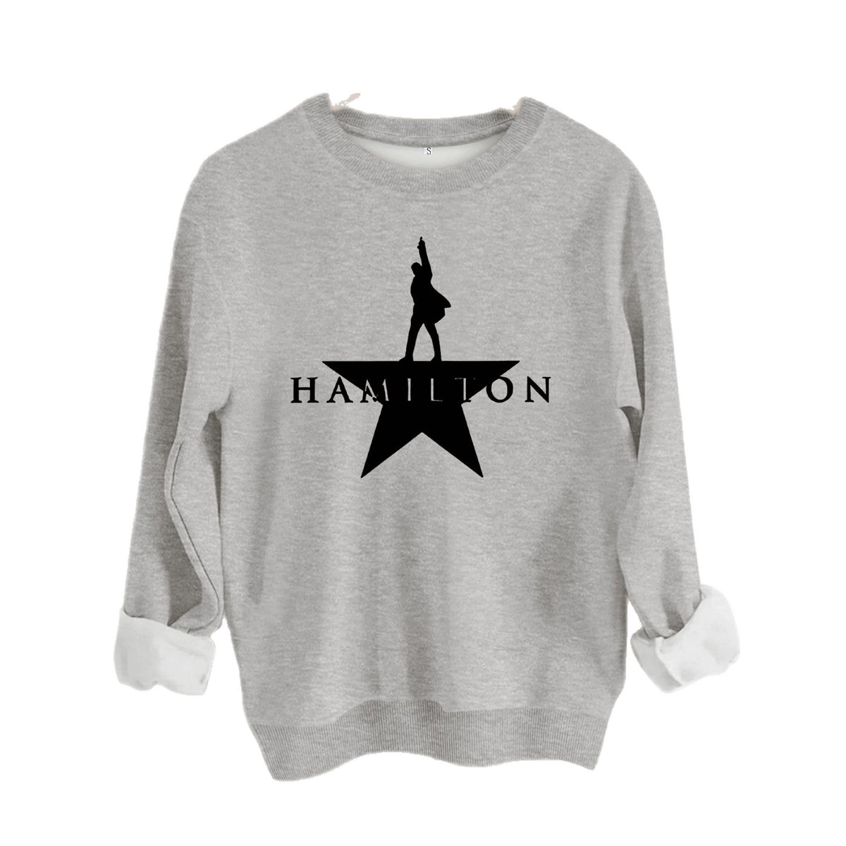 Gray knit crewneck sweatshirt with long cuffed sleeves, featuring a black Hamilton star logo and figure on the chest.