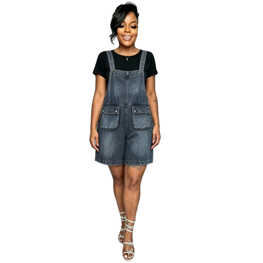 Washed Denim Pocket Overall Shorts