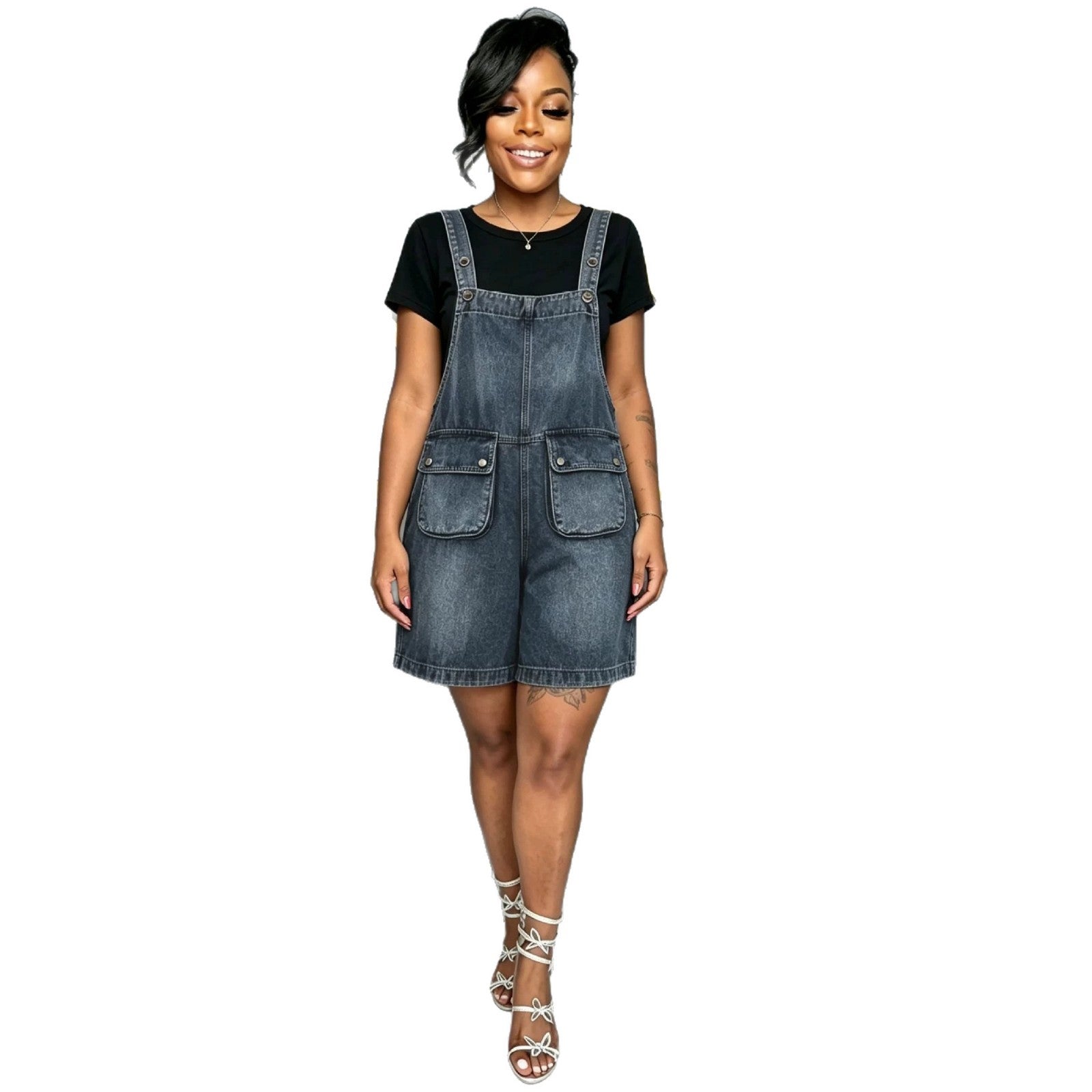 Washed Denim Pocket Overall Shorts