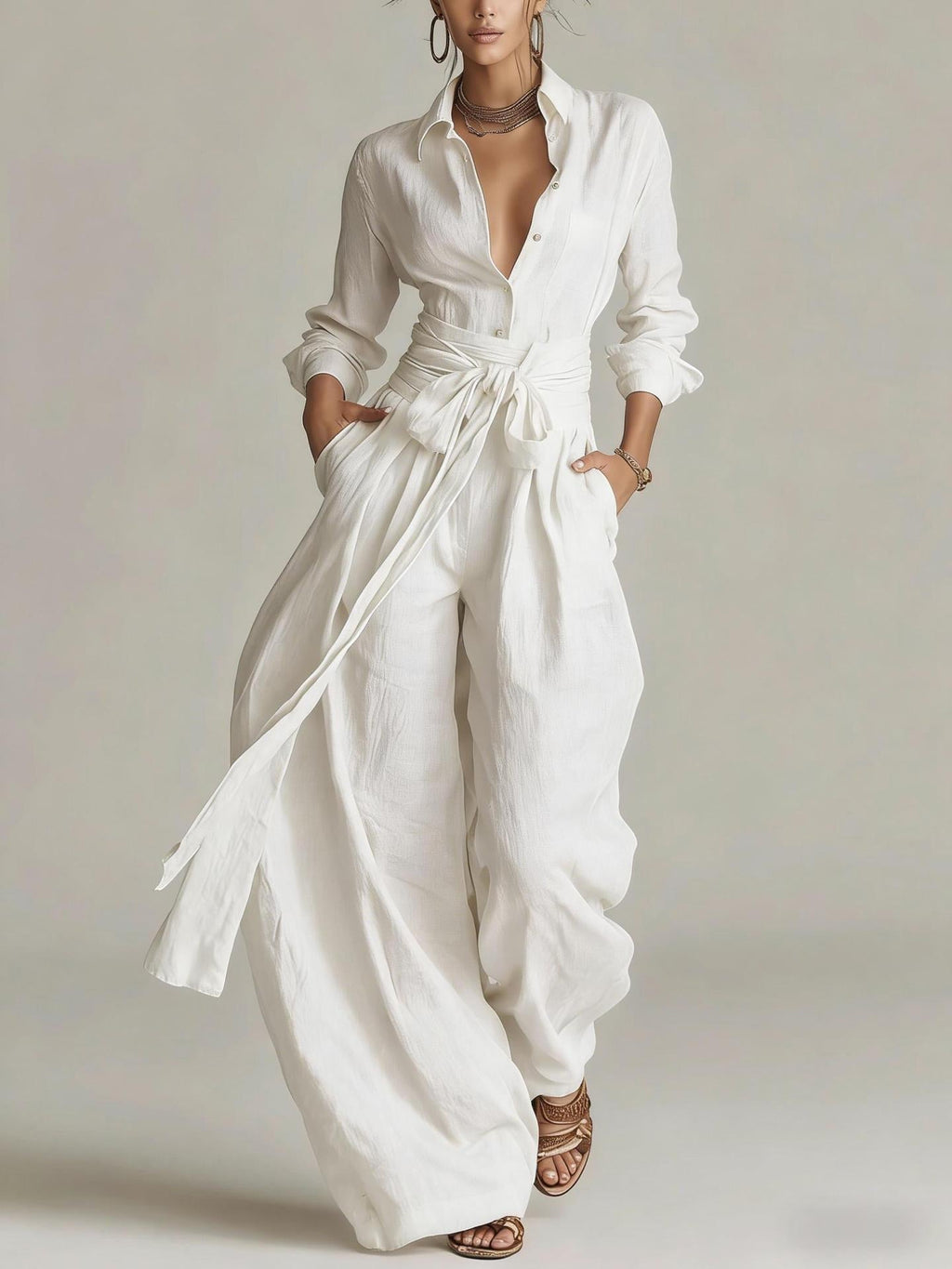 Women's casual long sleeve collar top and high-waist pants two-piece set by Plush Fashion Hub in five colors, stylish and comfortable.
