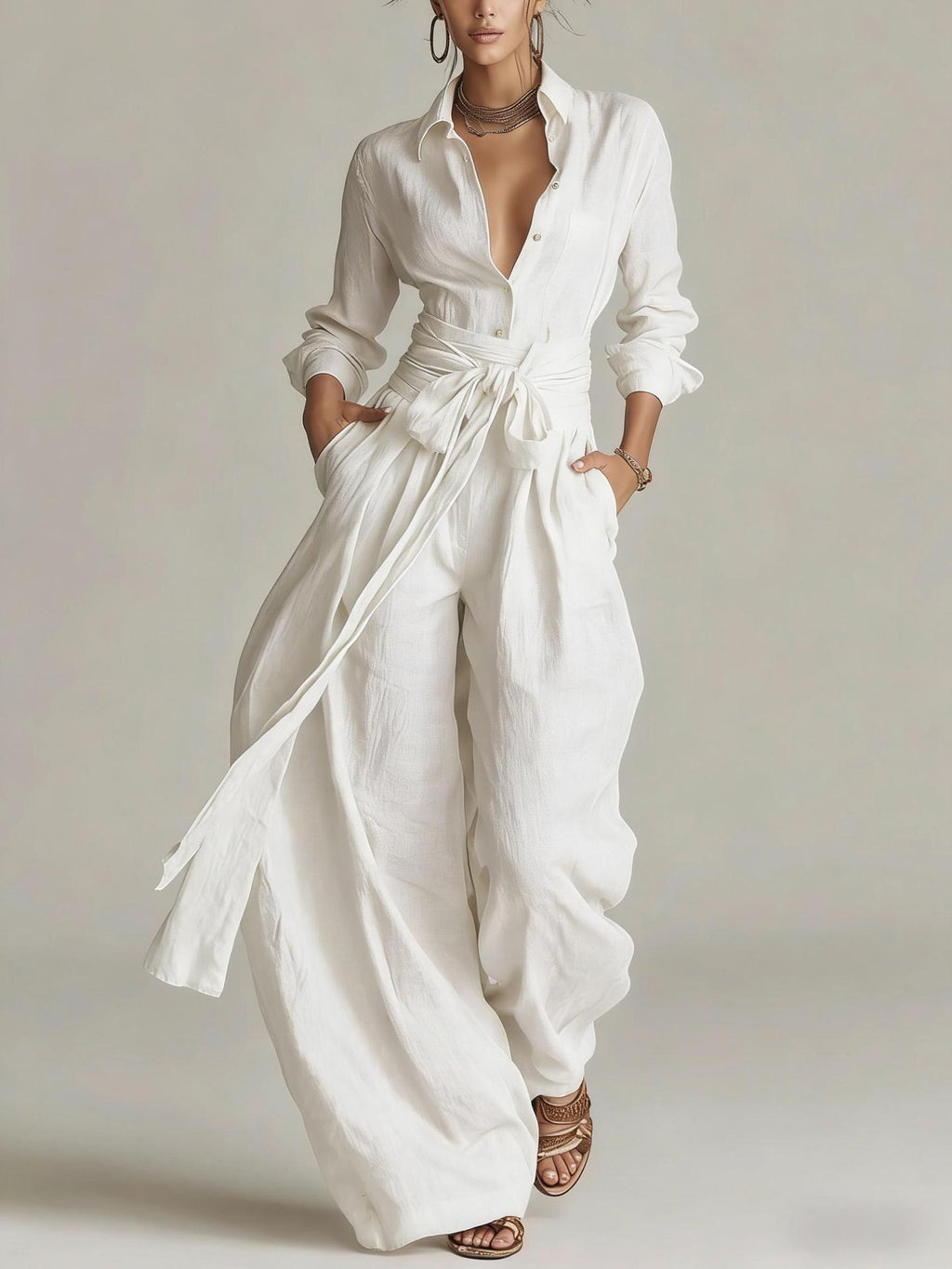 Solid color collar top high waisted pants two-piece set