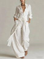Solid color collar top high waisted pants two-piece set