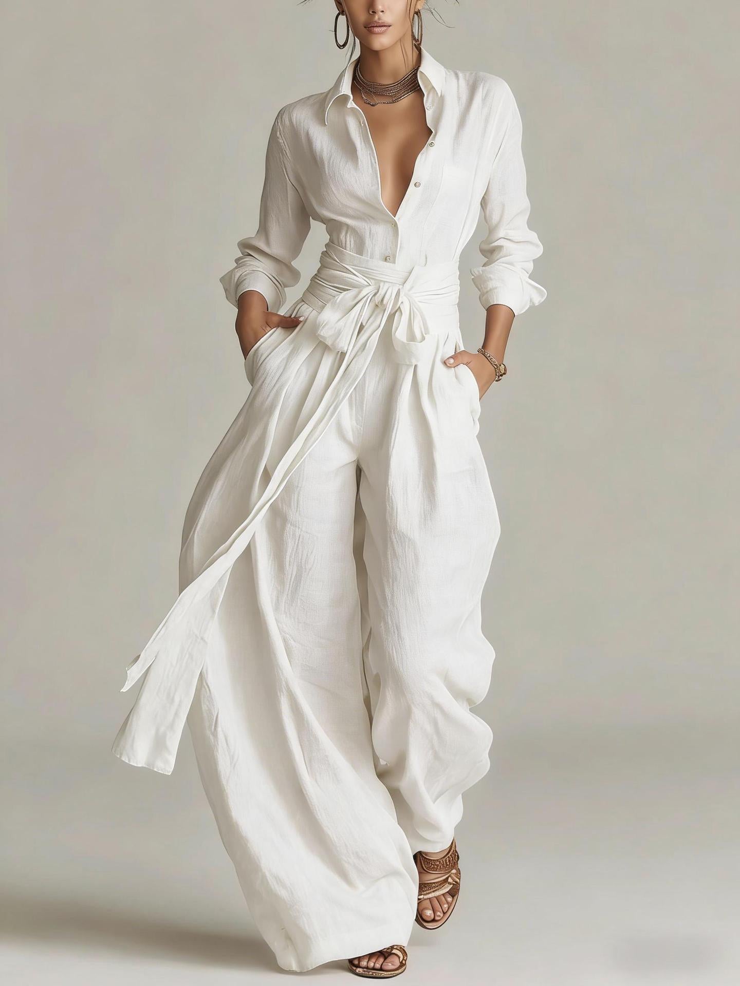 Solid color collar top high waisted pants two-piece set
