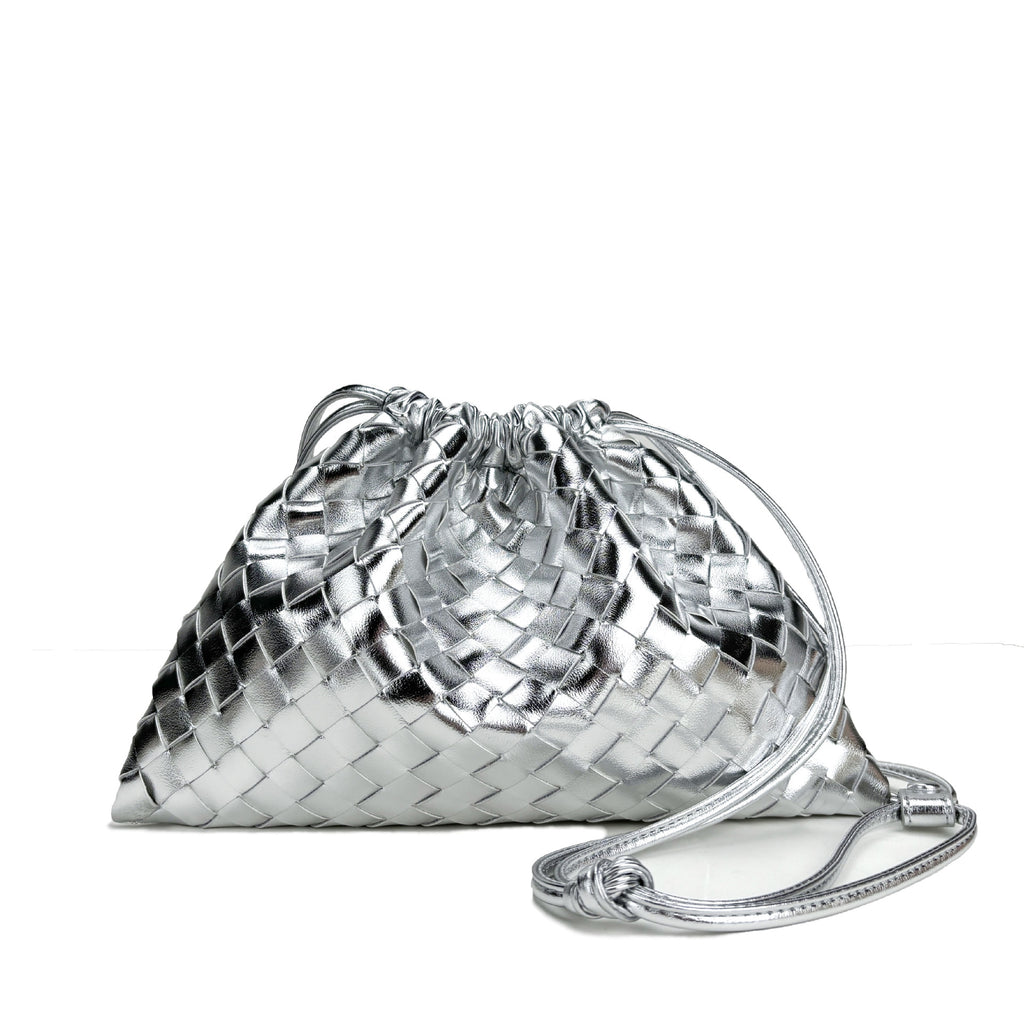 Elegant Fashion Genuine Leather Quilted Shoulder Crossbody Magnetic Snap Drawstring Closure Woven Clutch Bag