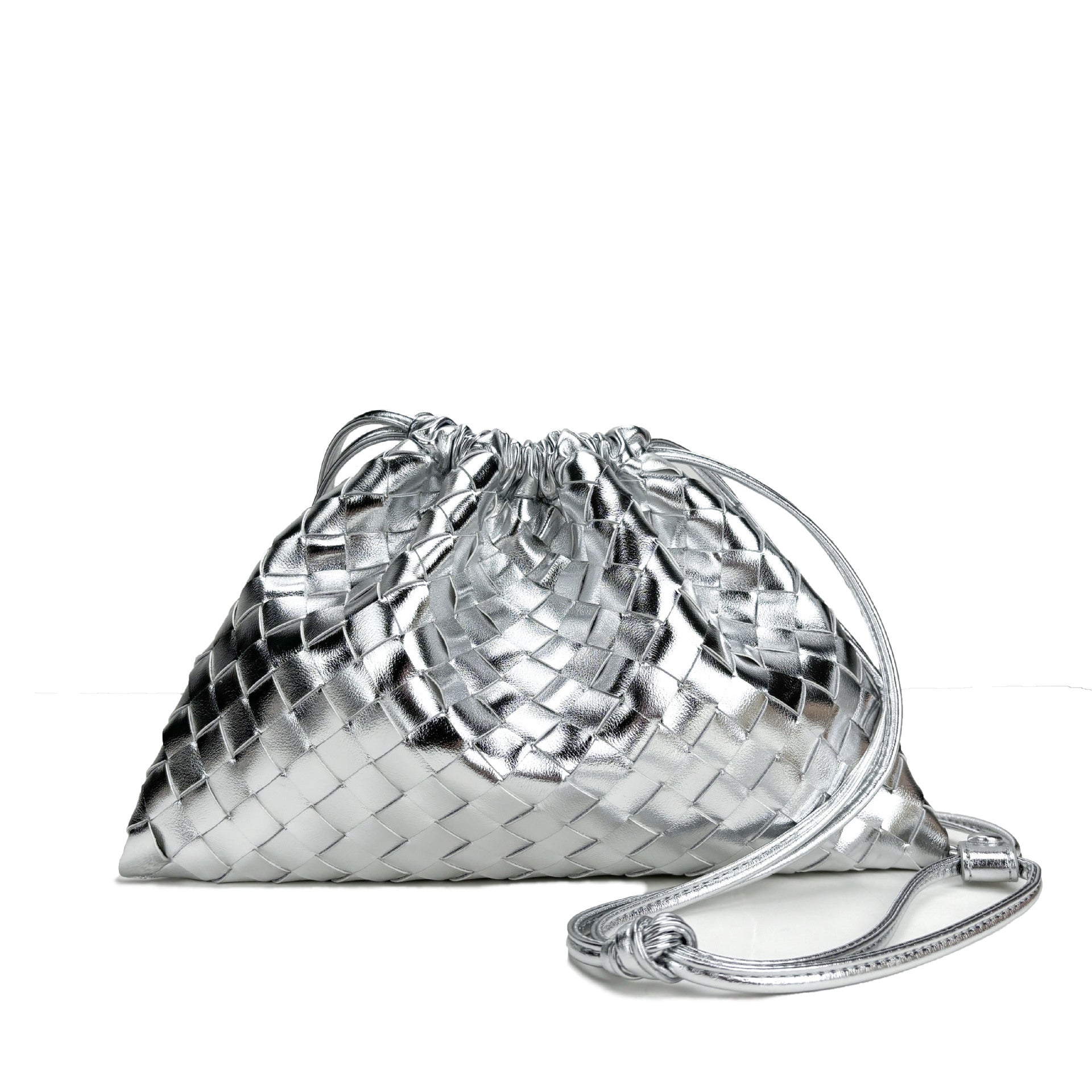 Elegant Fashion Genuine Leather Quilted Shoulder Crossbody Magnetic Snap Drawstring Closure Woven Clutch Bag