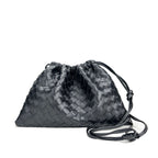 Elegant Fashion Genuine Leather Quilted Shoulder Crossbody Magnetic Snap Drawstring Closure Woven Clutch Bag