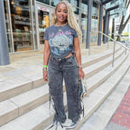 Western-style Women's Jeans, Washed with Slit and Tie String Detail, High Waist Long Pants