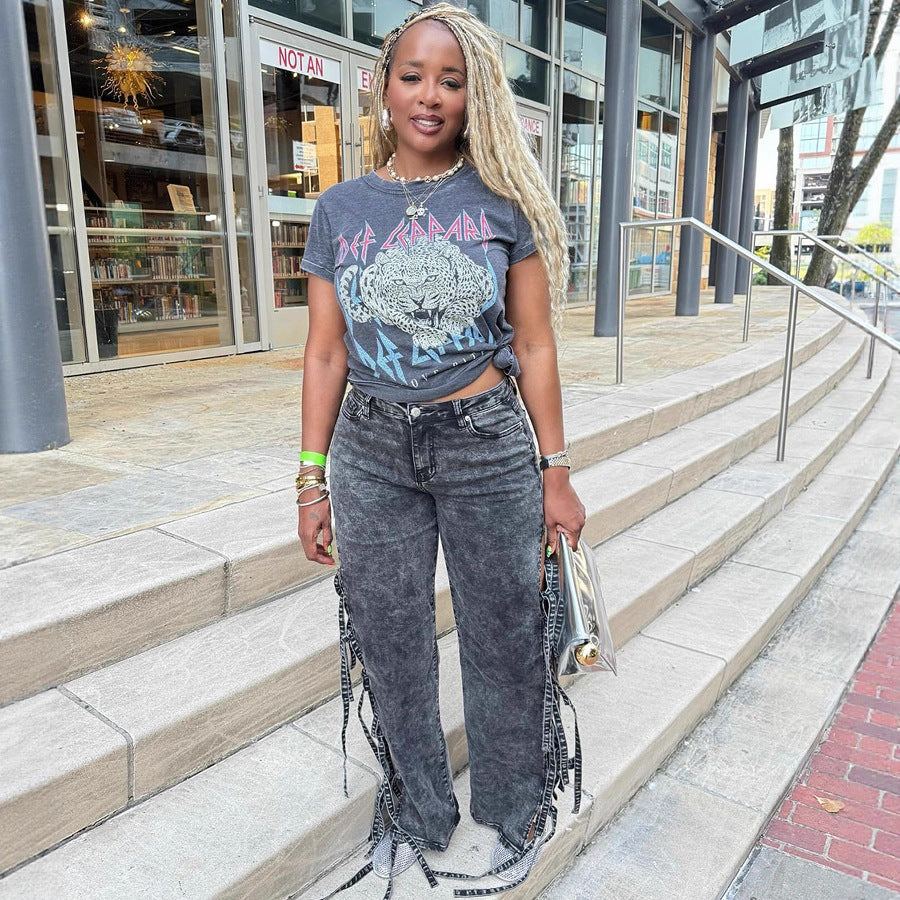Women's washed denim jeans with high waist, slit design, and tie string from Plush Fashion Hub, long Western-style pants.
