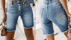 Women’s cotton denim shorts with frayed hem and distressed details, mid-length bottom from Plush Fashion Hub.