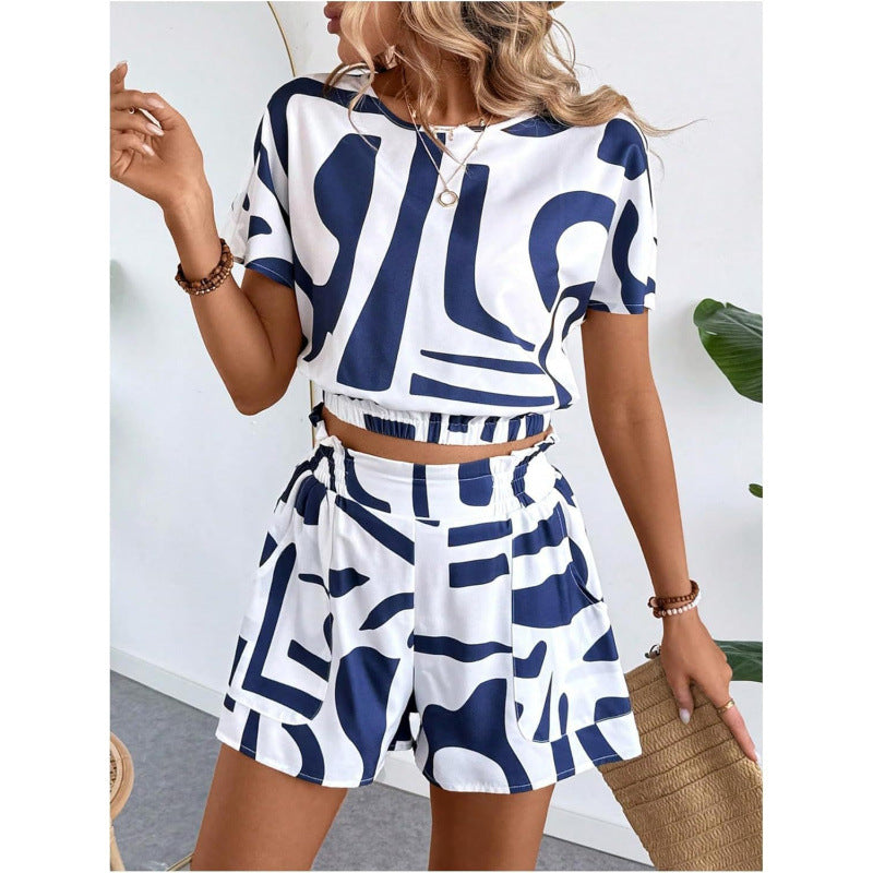 Printed casual two-piece set from FitiqueFit featuring a short sleeve top and matching shorts, suitable for relaxed everyday wear.