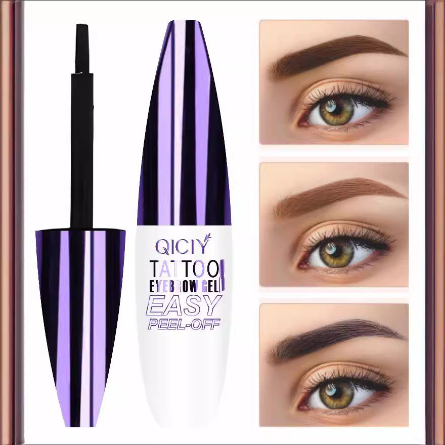 White and purple QICIY tattoo eyebrow gel bottle, wand, and three brow color examples on eyes.
