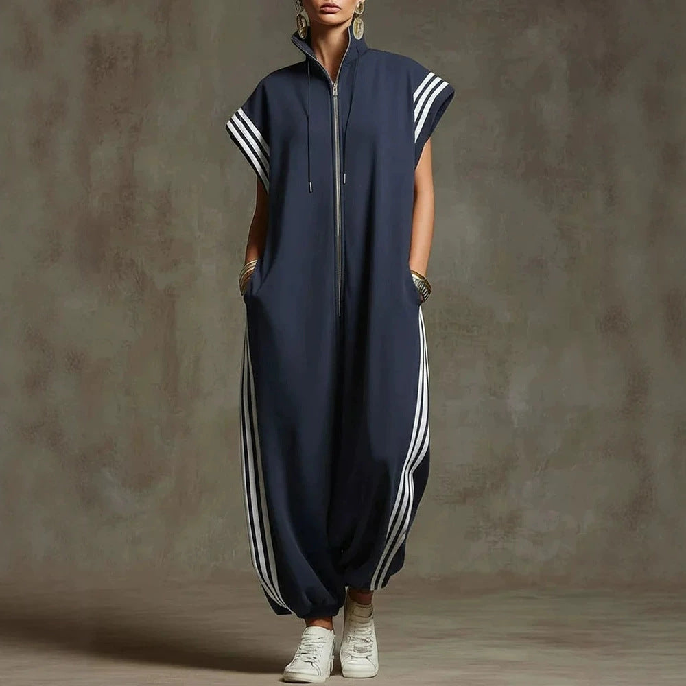 Fashionable Stripe Zipper Stand Collar Jumpsuit for Spring and Summer