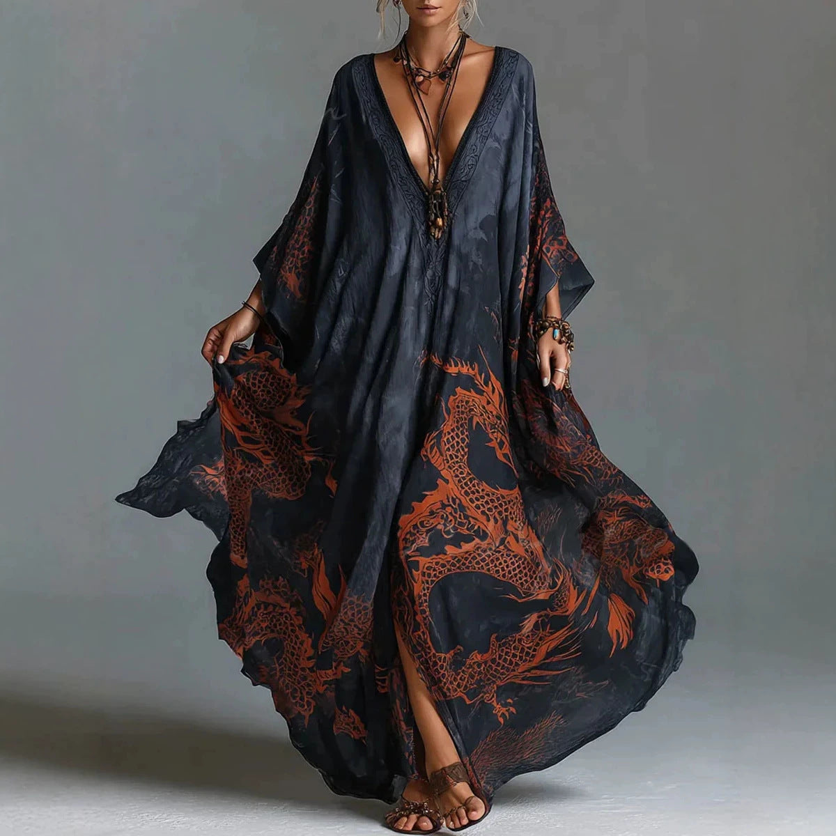 Eprolo dragon print beach vacation long dress outerwear with flowing fabric and vibrant dragon design, perfect for seaside outings.