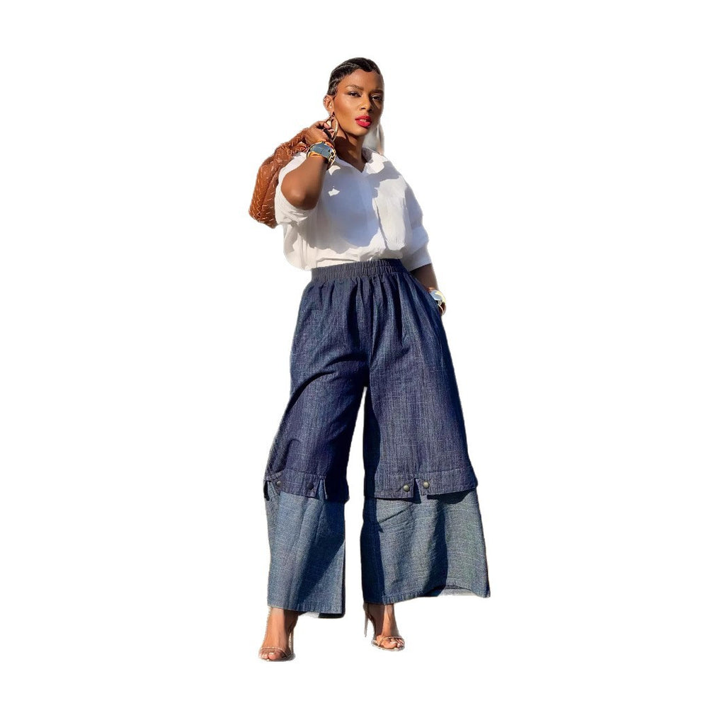 Street Style Patchwork Color-Blocking Wide-Leg Jeans