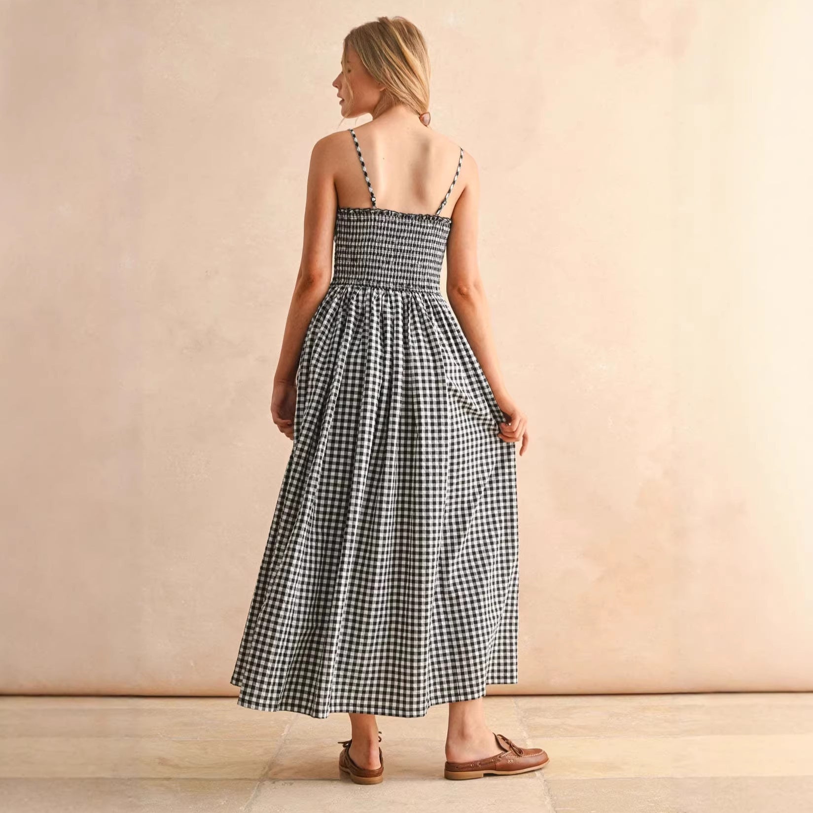 Women's retro plaid sleeveless A-line maxi dress with fitted waist and pleated skirt by FitiqueFit, casual summer sundress.