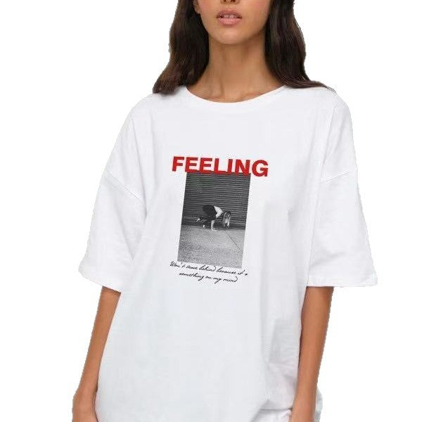 Women’s short sleeved T-shirt with letter pattern from eprolo, casual tops featuring stylish letter print design.