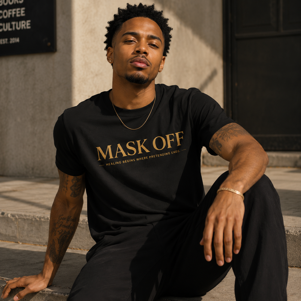 Black T-shirt from Wear Your Worship's Mask Off Tee collection, featuring a casual unisex design with bold graphic print.