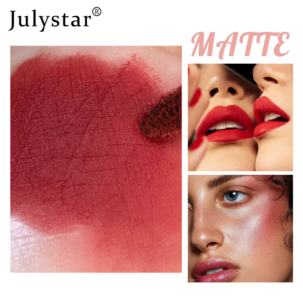 July star matte red lipstick swatch and application on lips and cheeks.