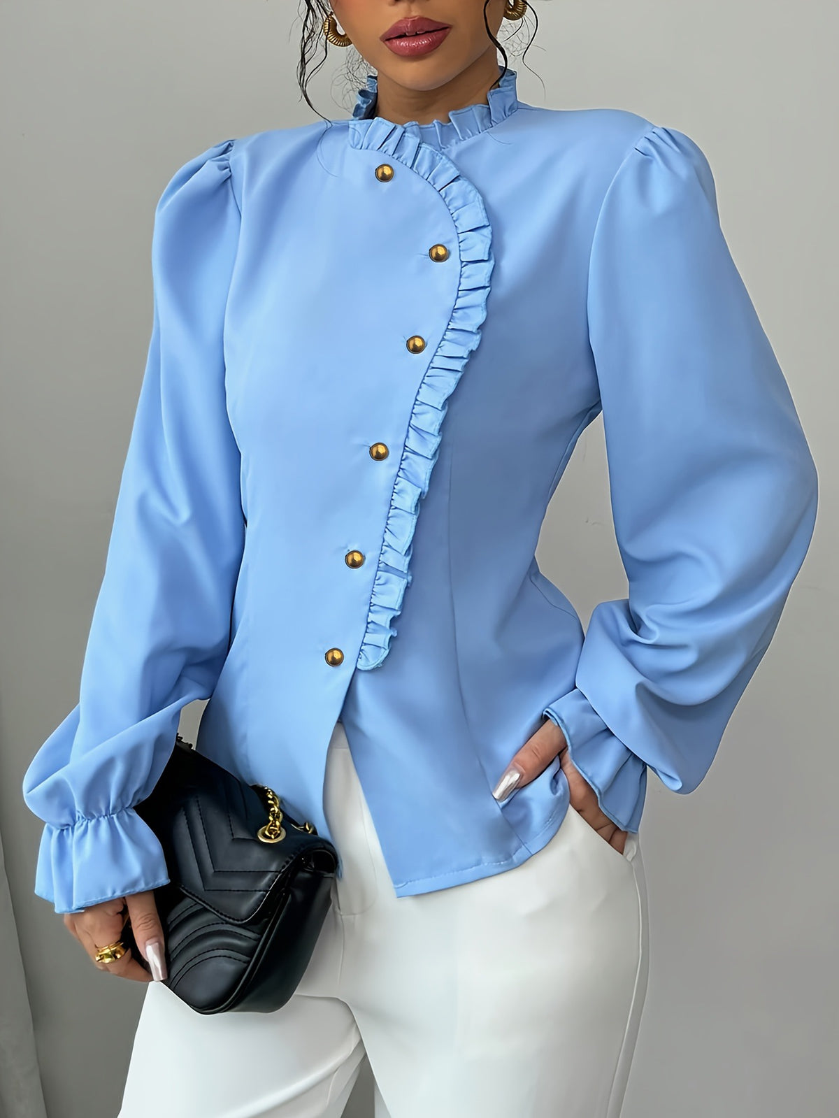 Eprolo women's pleated long sleeve designer blouse with elegant fabric and tailored fit, shown on a model.