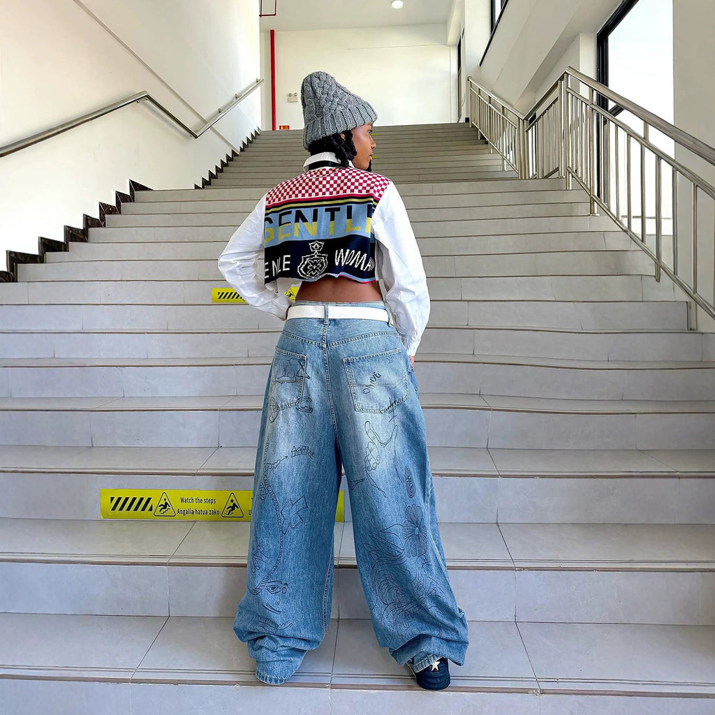Graffiti Print Washed Denim Jeans