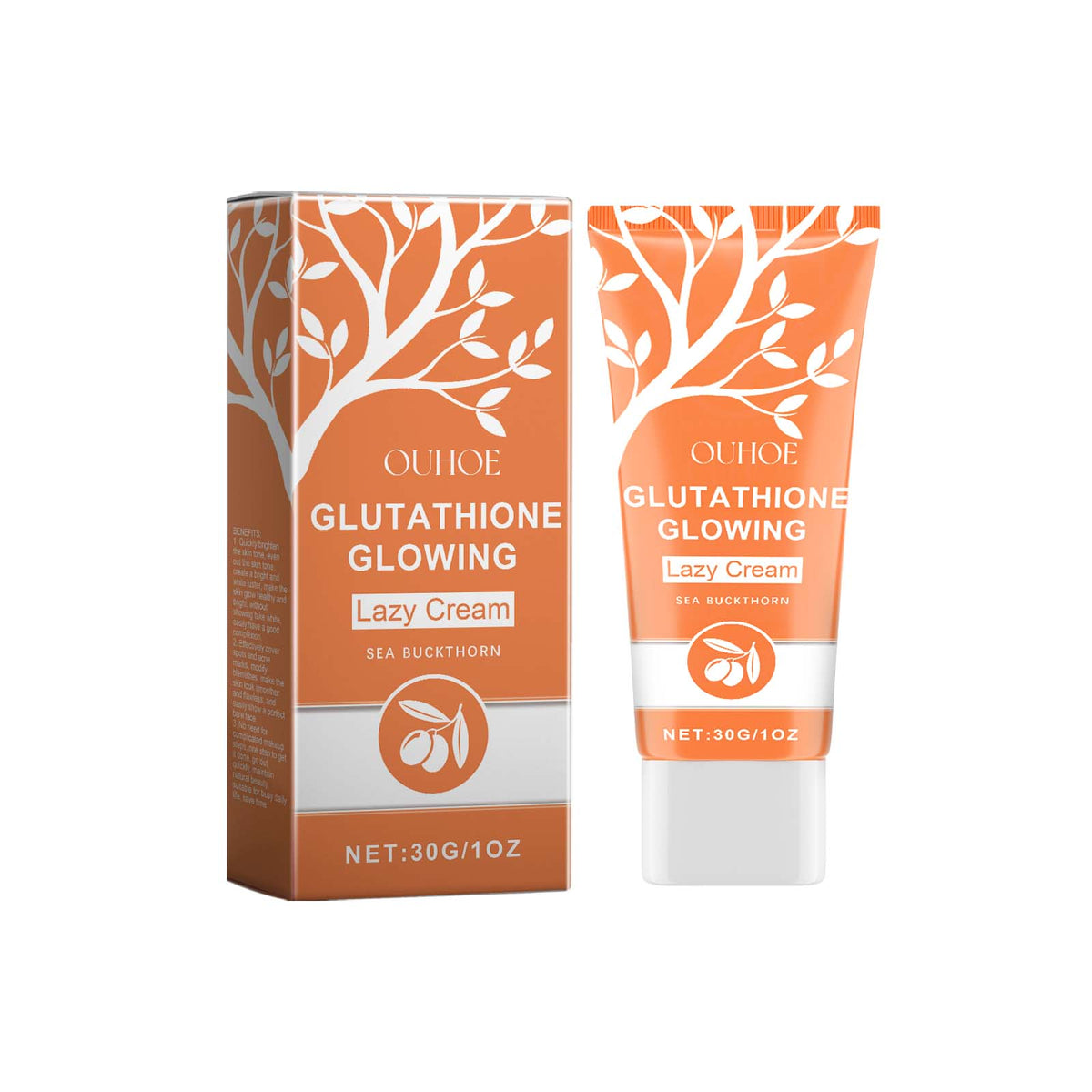 OUHOE Glutathione Glowing Lazy Cream tube and box in orange and white, featuring a tree branch pattern and text.