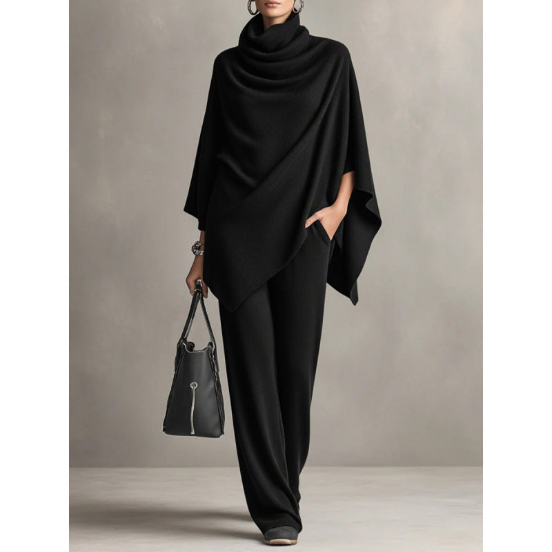 Autumn and Winter German Velvet Pile Collar Cloak Top+Wide Leg Pants Two Piece Set