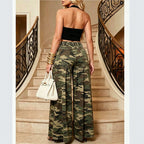 High-Waisted Camouflage Wide-Leg Jeans with Ruffle Pleats Fashionable Casual Pants for Women
