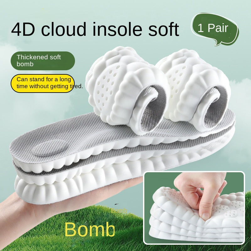 A pair of white and grey 4D cloud insoles featuring thick, textured foam with perforated arched support.