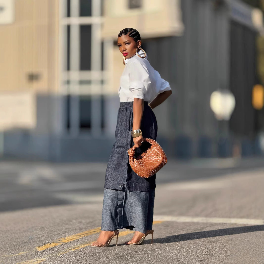 Patchwork color-blocking wide-leg denim jeans by Plush Fashion Hub, featuring vibrant patchwork patterns and relaxed fit.