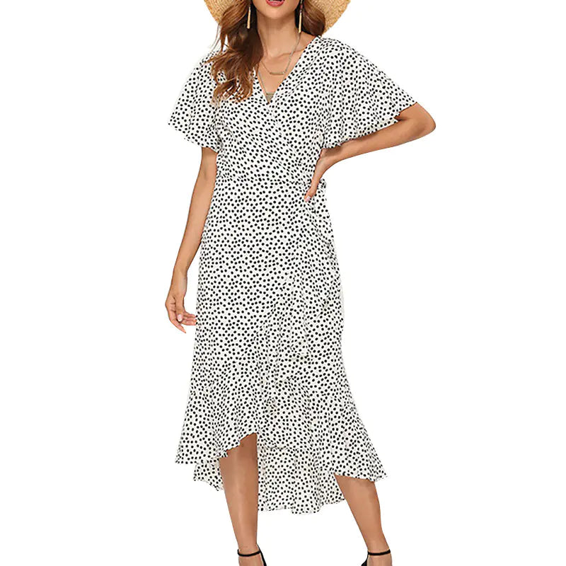 Light blue summer floral high-waist chiffon dress for women with a V-neck neckline, stylish and flowy design.