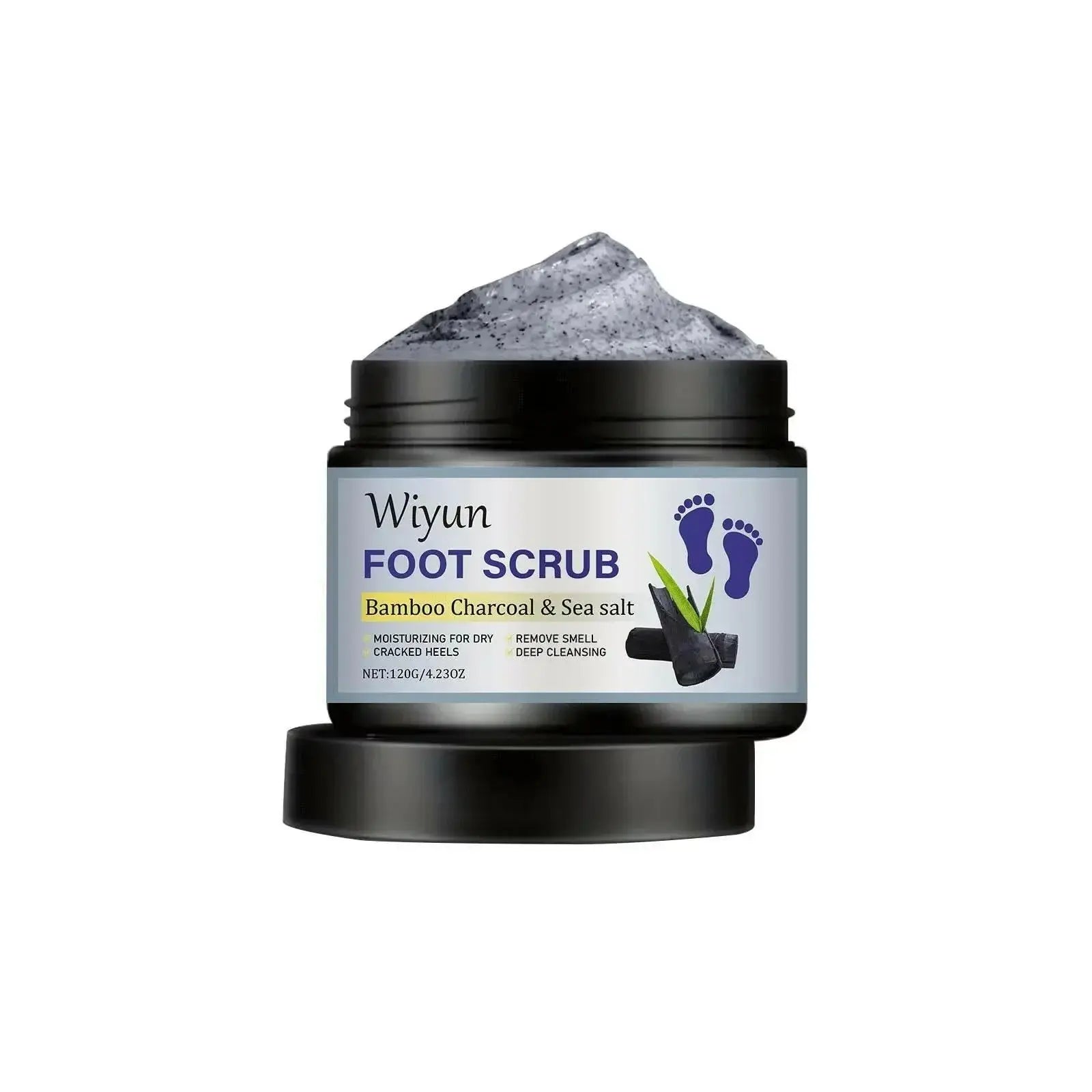 Bamboo charcoal and sea salt exfoliating foot scrub by Plush Fashion Hub, showing the natural textured scrub in a jar for smooth skin.