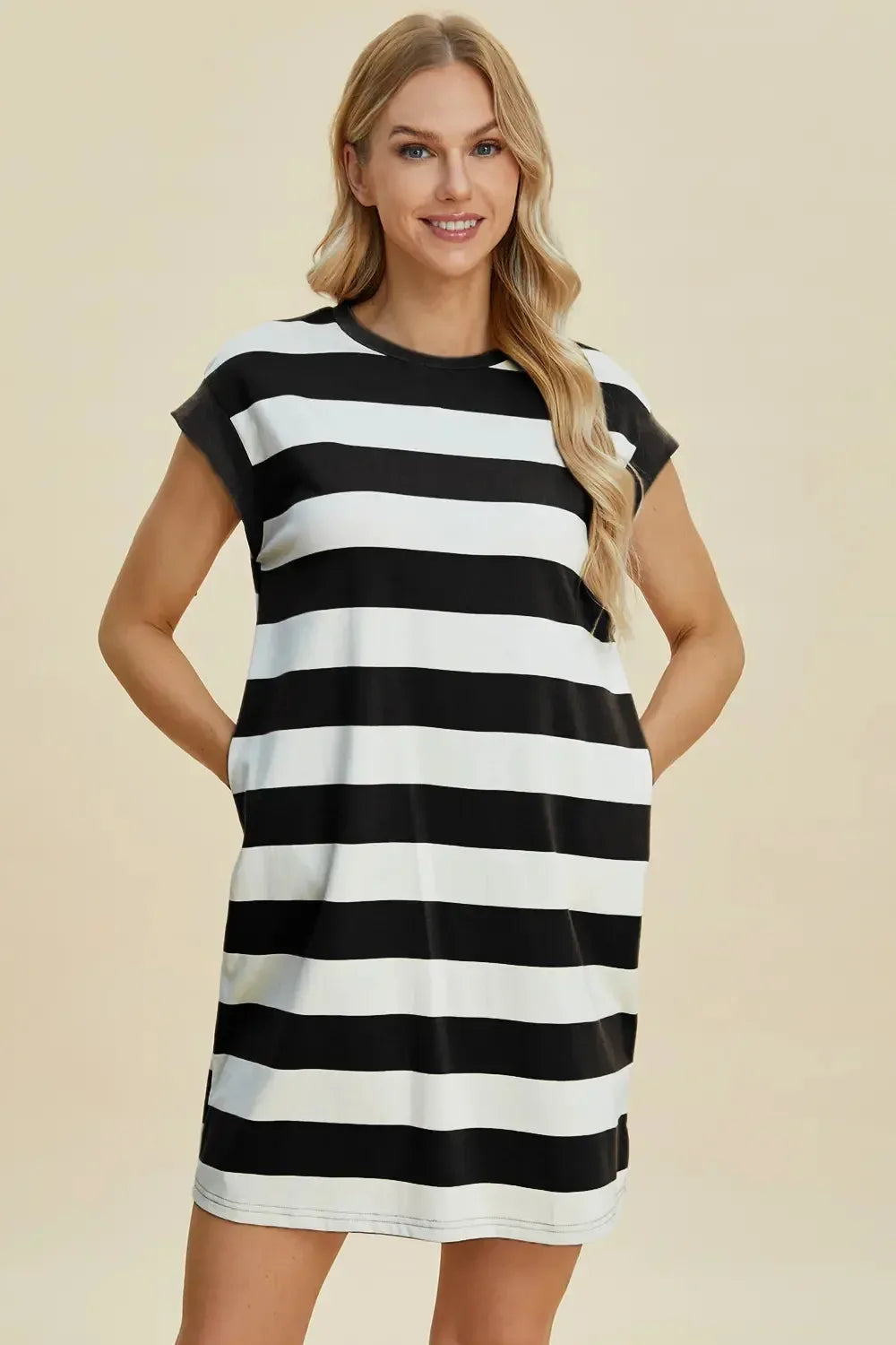 Basic Bae Full Size Striped Round Neck Cap Sleeve Mini Dress - Plush Fashion Hub