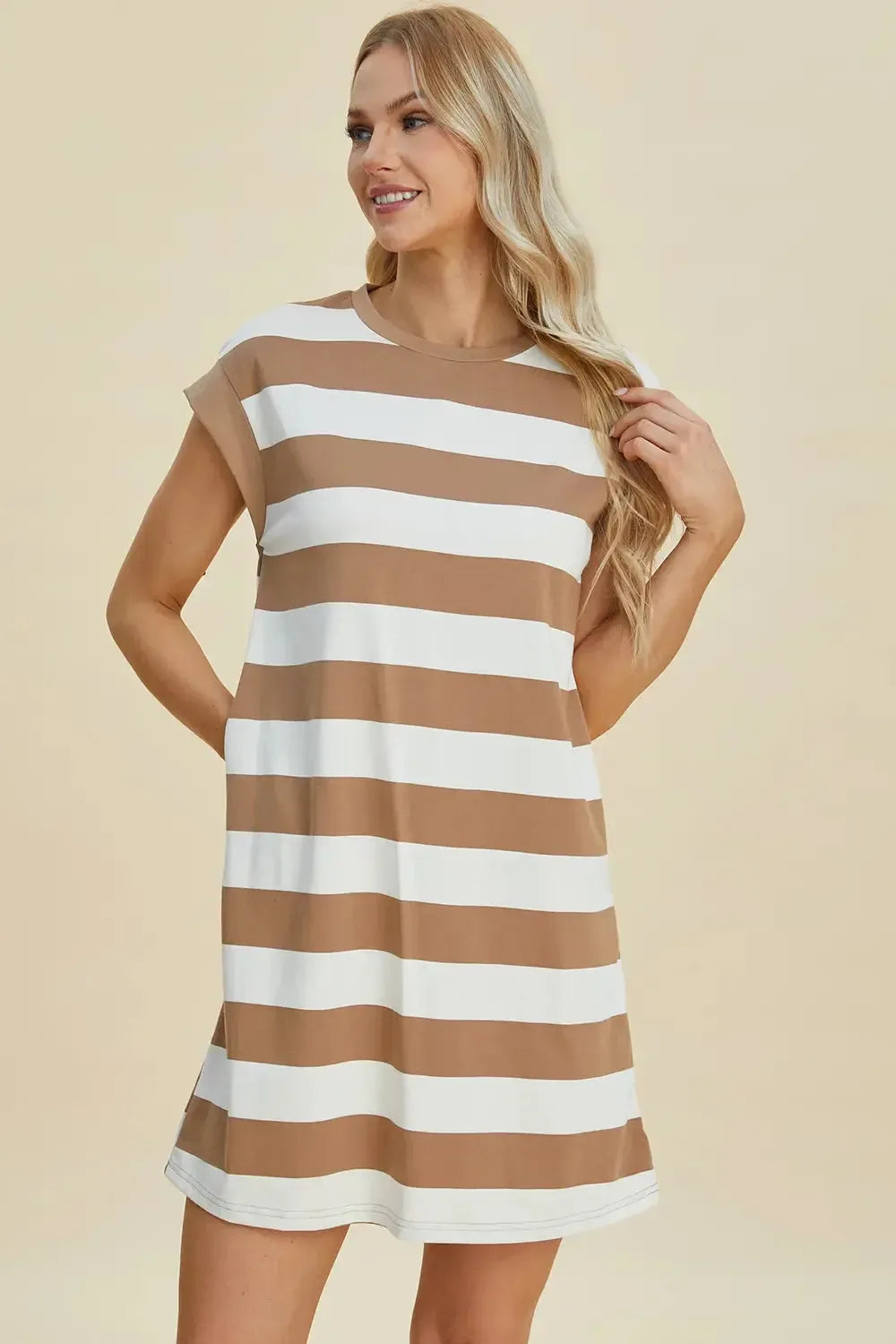 Basic Bae Full Size Striped Round Neck Cap Sleeve Mini Dress - Plush Fashion Hub