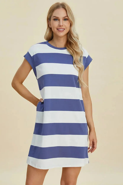 Basic Bae Full Size Striped Round Neck Cap Sleeve Mini Dress - Plush Fashion Hub