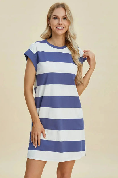 Basic Bae Full Size Striped Round Neck Cap Sleeve Mini Dress - Plush Fashion Hub