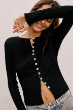 Basic Button Up Round Neck Long Sleeve Top - Plush Fashion Hub