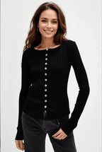 Basic Button Up Round Neck Long Sleeve Top - Plush Fashion Hub