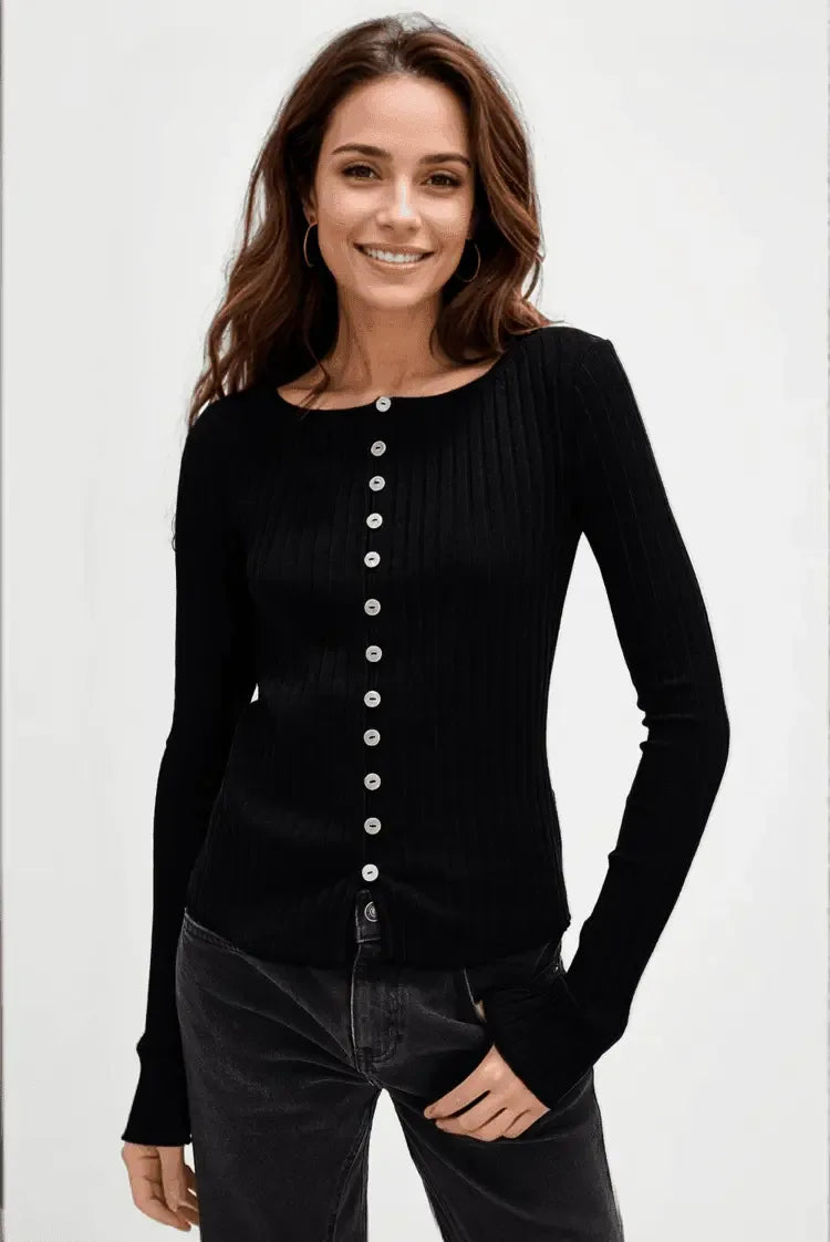 Basic Button Up Round Neck Long Sleeve Top - Plush Fashion Hub
