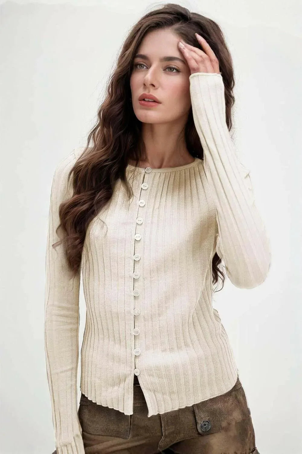 Basic Button Up Round Neck Long Sleeve Top - Plush Fashion Hub