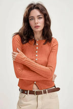 Basic Button Up Round Neck Long Sleeve Top - Plush Fashion Hub