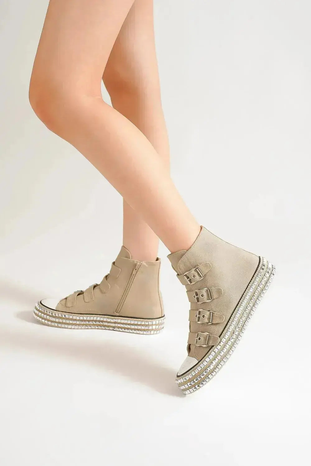 Beast multi-buckle studded platform sneakers in edgy punk style with bold straps and rugged design, by Plush Fashion Hub.