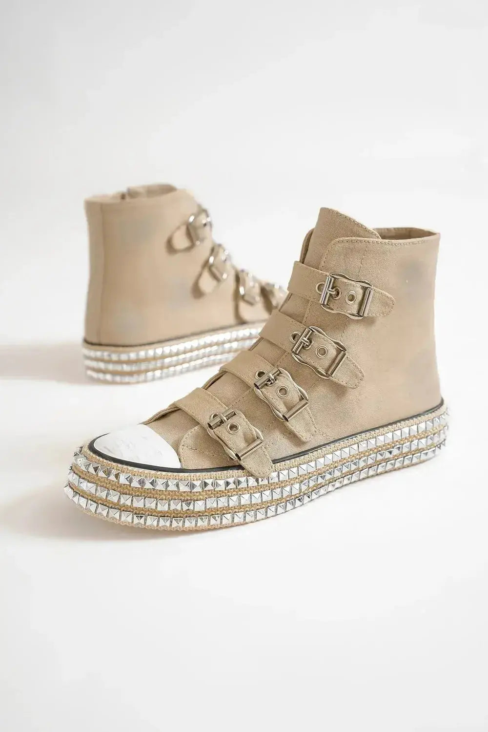 Beast multi-buckle studded platform sneakers by Plush Fashion Hub featuring edgy punk style, black sneakers with silver studs and buckle straps.