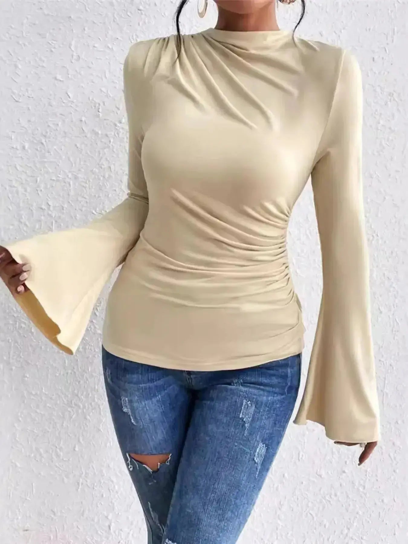 Plush Fashion Hub mock neck fitted top with ruched details and bell sleeves, stylish and comfortable women's fashion top.
