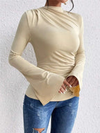 Plush Fashion Hub mock neck fitted top with ruched detail and bell sleeves, stylish long-sleeve blouse for casual or dressy wear.