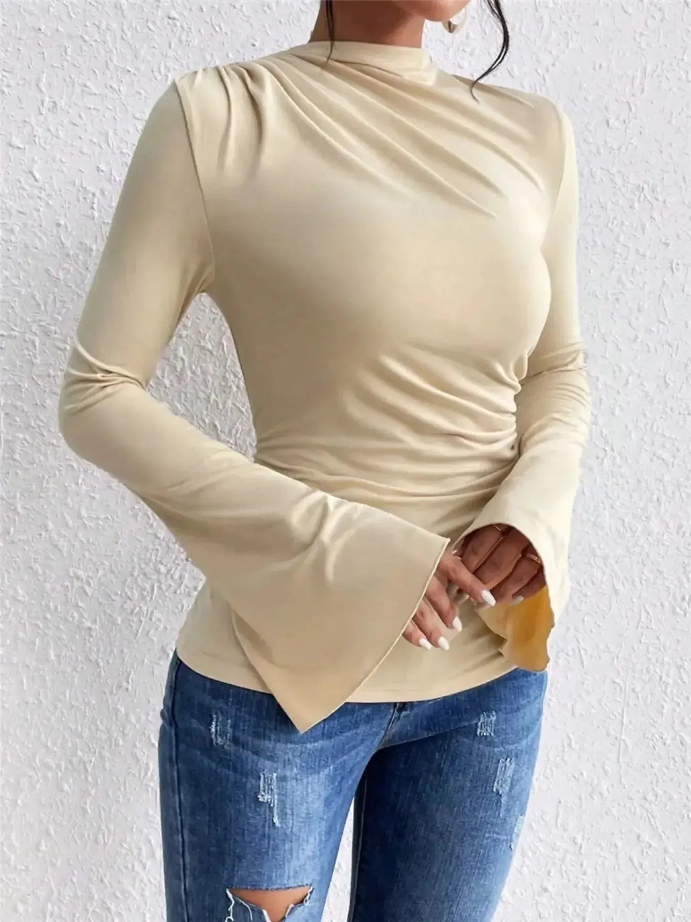 Plush Fashion Hub mock neck fitted top with ruched detail and bell sleeves, stylish long-sleeve blouse for casual or dressy wear.