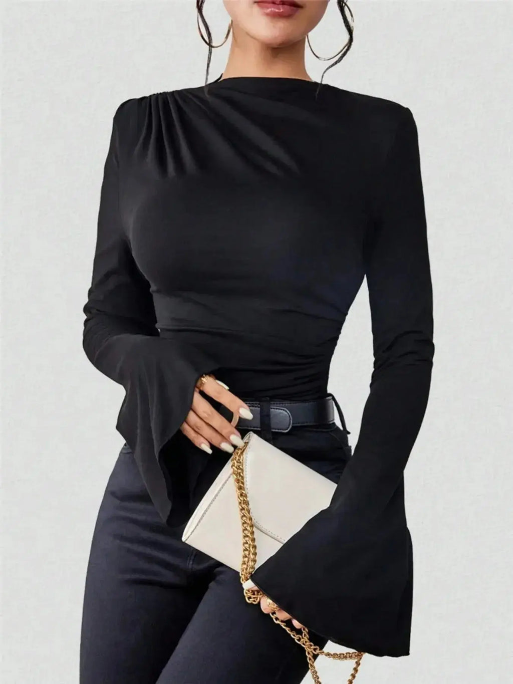 Plush Fashion Hub mock neck ruched fitted top with bell sleeves, black long-sleeve blouse for stylish, casual wear