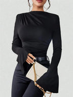 Plush Fashion Hub mock neck ruched fitted top with bell sleeves, black long-sleeve blouse for stylish, casual wear