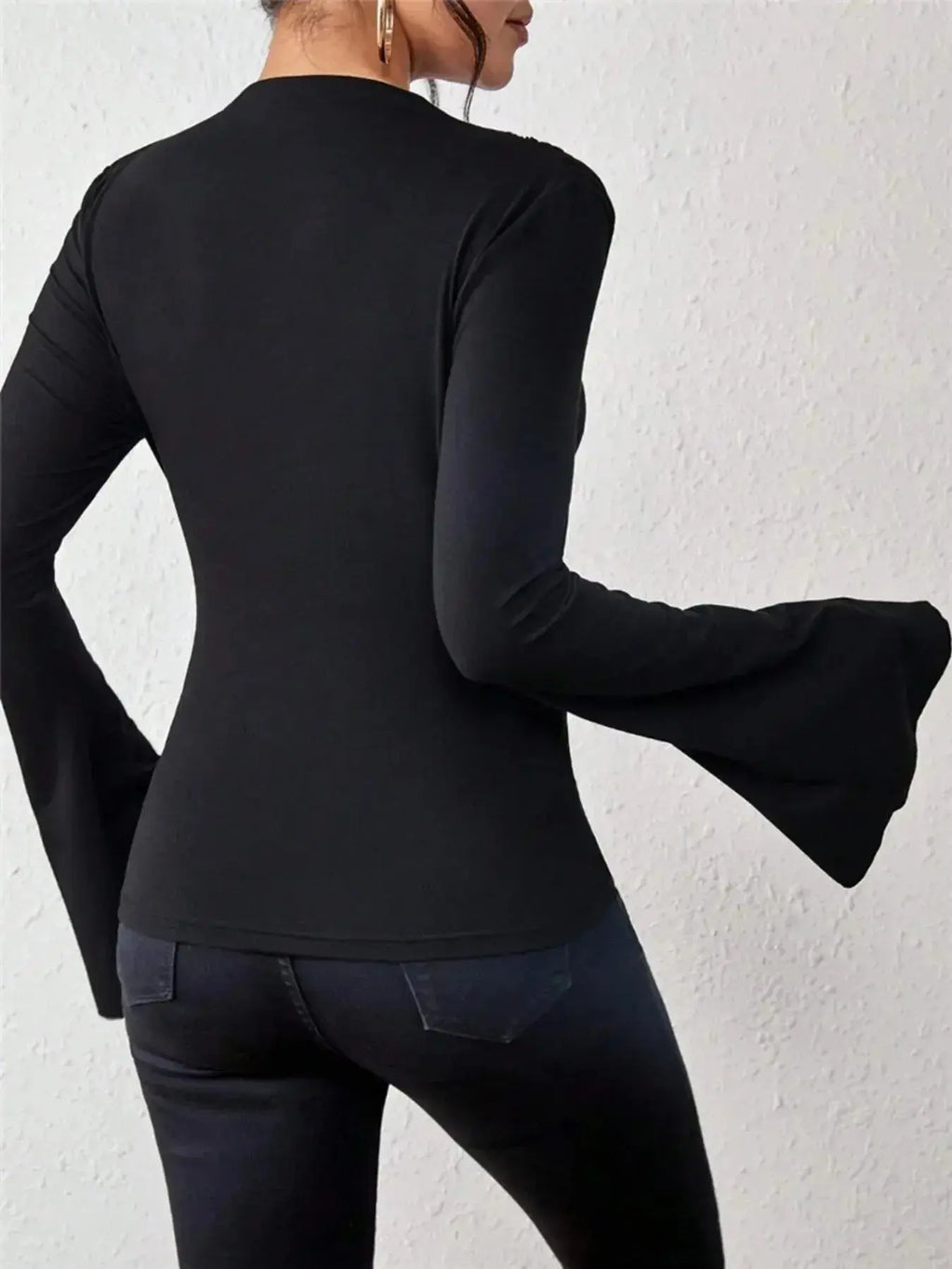 Plush Fashion Hub mock neck fitted top with ruched bodice and bell sleeves, stylish and comfortable women's fashion top.