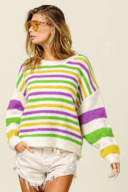 BiBi Mardi Gras Colors Stripe Comfy Sweater - Plush Fashion Hub